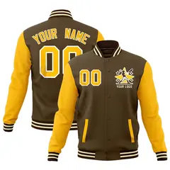 Yellow Light Brown Cream Full-Snap Raglan Sleeve Cotton Letterman Jacket 1