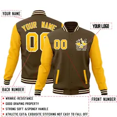 Yellow Light Brown Cream Full-Snap Raglan Sleeve Cotton Letterman Jacket 2