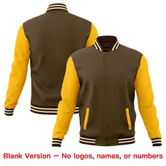 Yellow Light Brown Cream Full-Snap Raglan Sleeve Cotton Letterman Jacket 6
