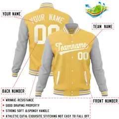 Yellow Light Gray Varsity Letterman Baseball Jacket Full-Snap Raglan Sleeves 4