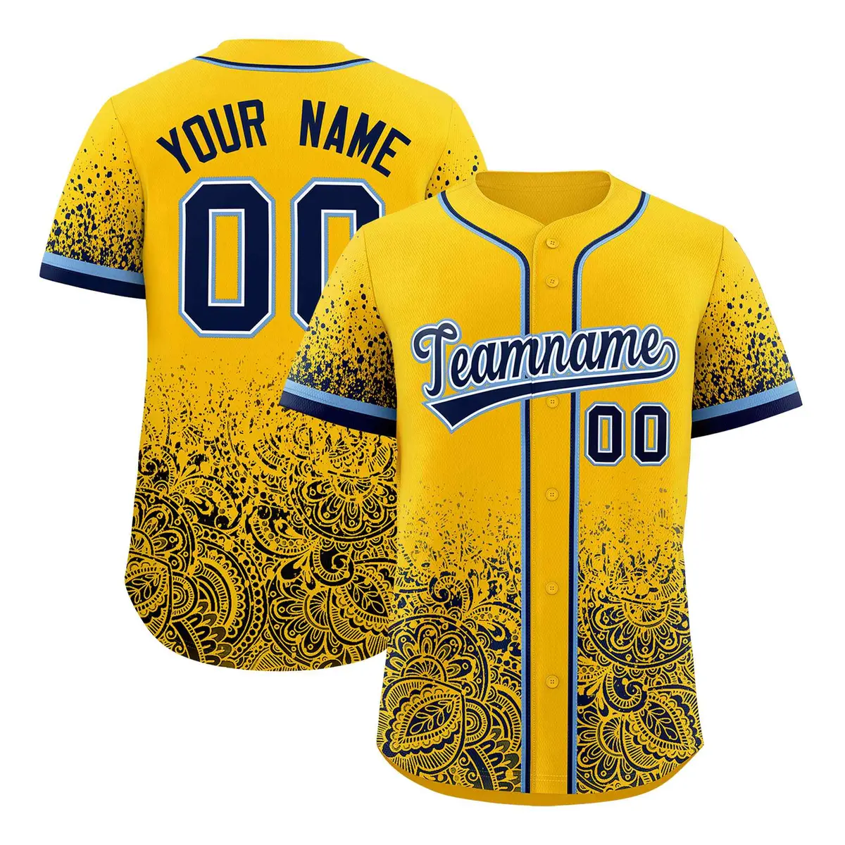 Yellow Navy Floral Gradient Full Button Baseball Jersey