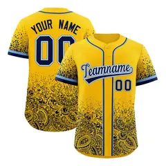 Yellow Navy Floral Gradient Full Button Baseball Jersey 1