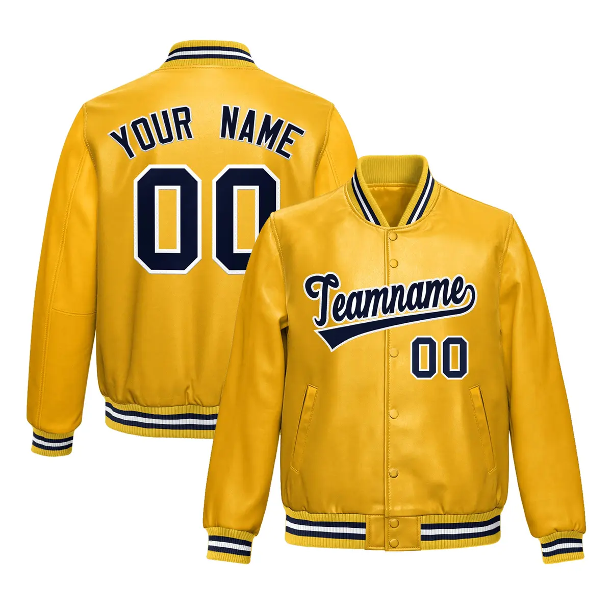 Yellow Navy Full-Snap Faux Leather Varsity Letterman Jacket