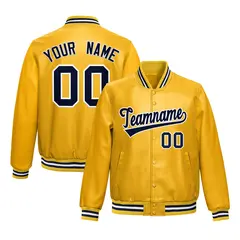 Yellow Navy Full-Snap Faux Leather Varsity Letterman Jacket 1