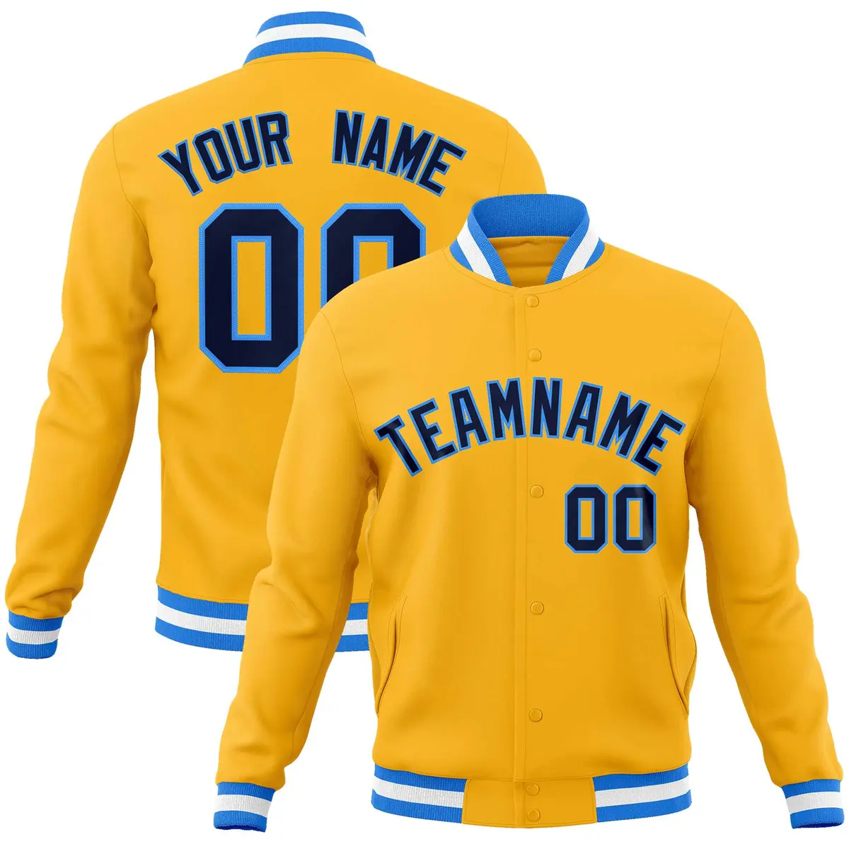 Yellow Navy-Powder Blue Varsity Full-Snap Letterman Jacket