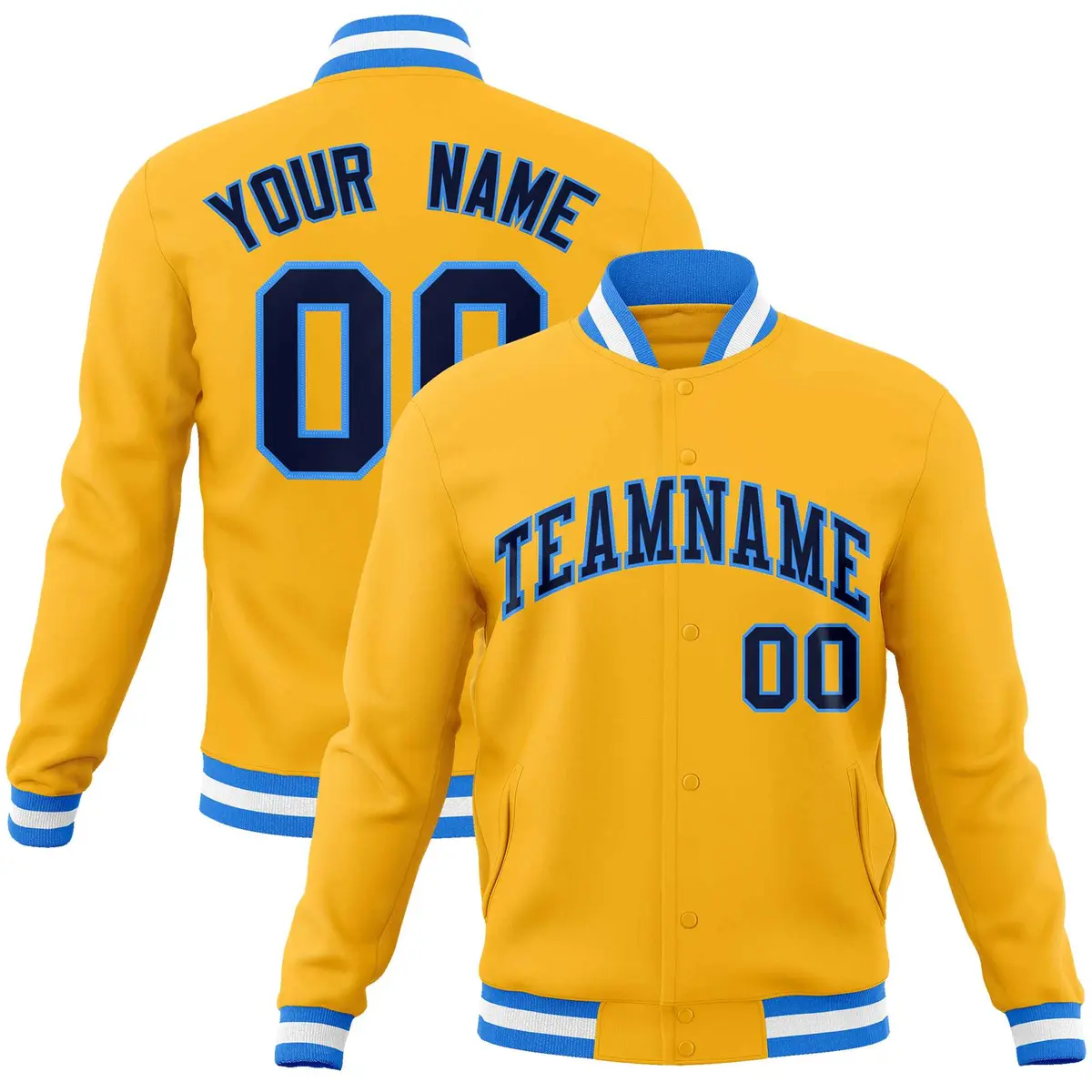Yellow Navy-Powder Blue Varsity Full-Snap Letterman Jacket