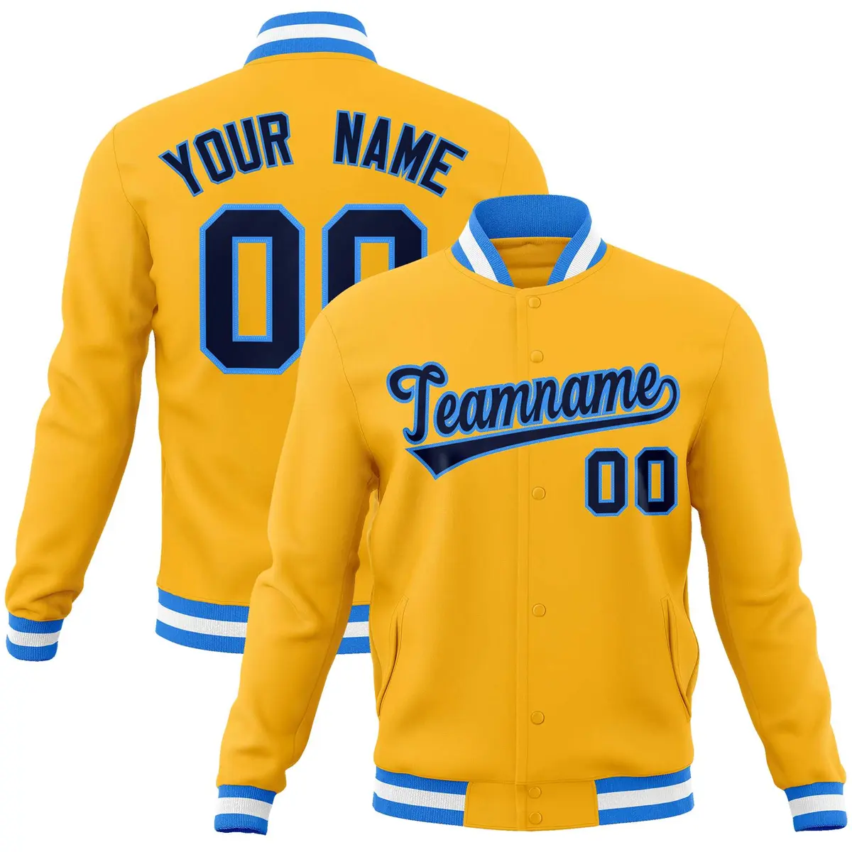 Yellow Navy-Powder Blue Varsity Full-Snap Letterman Jacket