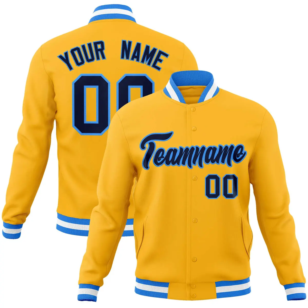 Yellow Navy-Powder Blue Varsity Full-Snap Letterman Jacket
