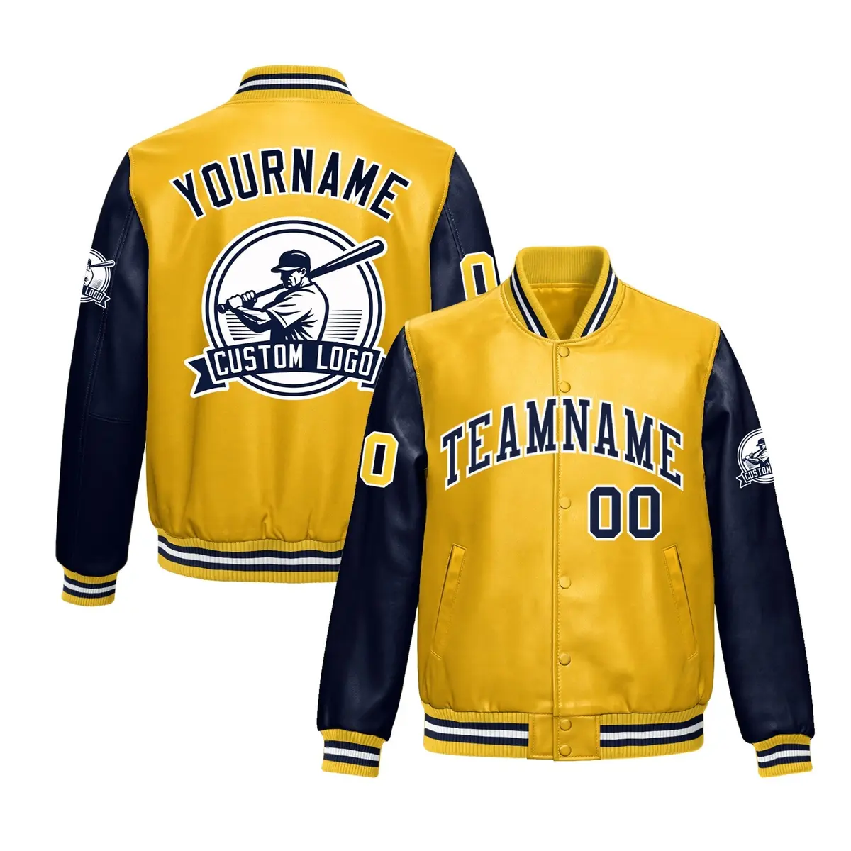 Yellow Navy Raglan Full-Snap Faux Leather Letterman Jacket