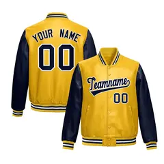 Yellow Navy Raglan Full-Snap Varsity Faux Leather Letterman Jacket 1
