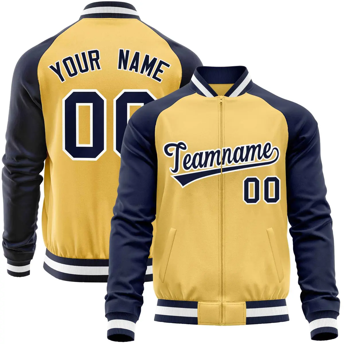 Yellow Navy Varsity Full-Zip Raglan Sleeves Letterman Baseball Jacket