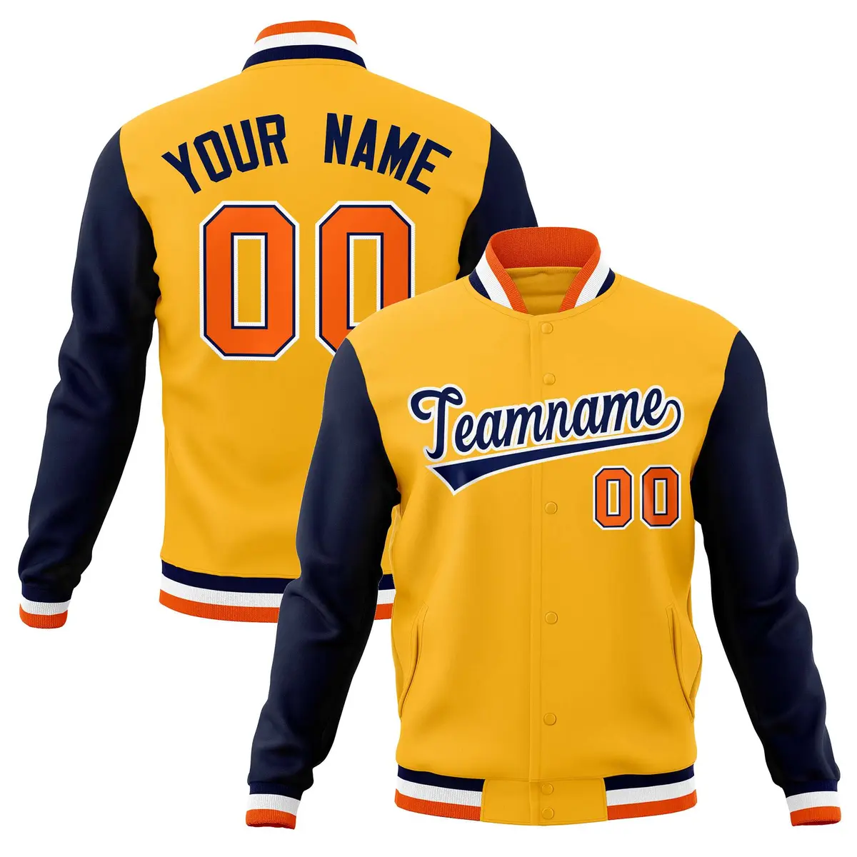Yellow Navy-White Varsity Raglan Full-Snap Letterman Jacket