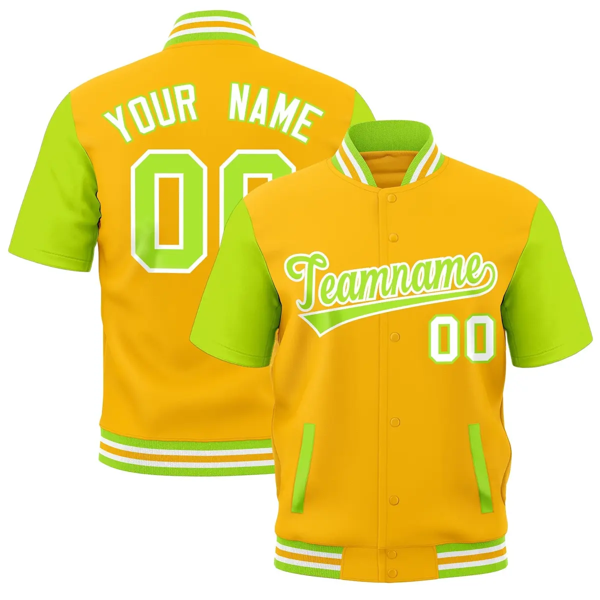Yellow Neon Green White Gold Full-Snap Short Sleeve Varsity Jacket