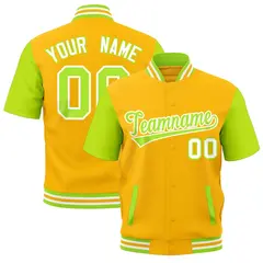 Yellow Neon Green White Gold Full-Snap Short Sleeve Varsity Jacket 1