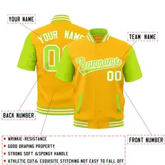 Yellow Neon Green White Gold Full-Snap Short Sleeve Varsity Jacket 2