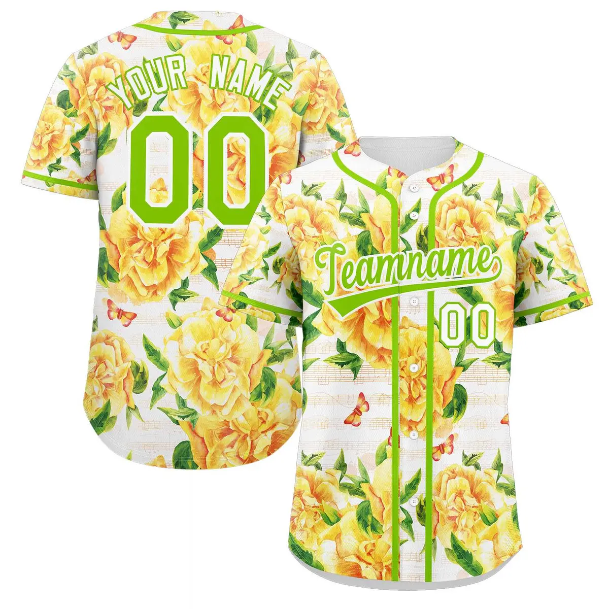 Yellow Neon Green-White Graffiti Flower Baseball Jersey