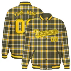 Yellow Olive Plaid Pattern Varsity Letterman Baseball Jacket