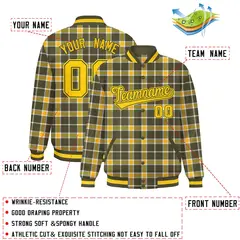 Yellow Olive Plaid Pattern Varsity Letterman Baseball Jacket 2