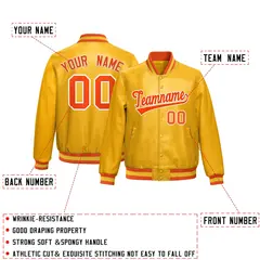 Yellow Orange Full-Snap Faux Leather Varsity Letterman Jacket 2