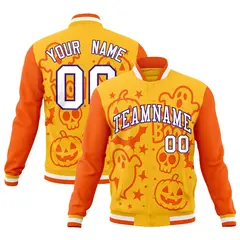 Yellow Orange Gold Bats Pumpkins Ghost Halloween Letterman Jacket 1