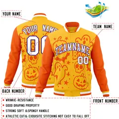 Yellow Orange Gold Bats Pumpkins Ghost Halloween Letterman Jacket 2