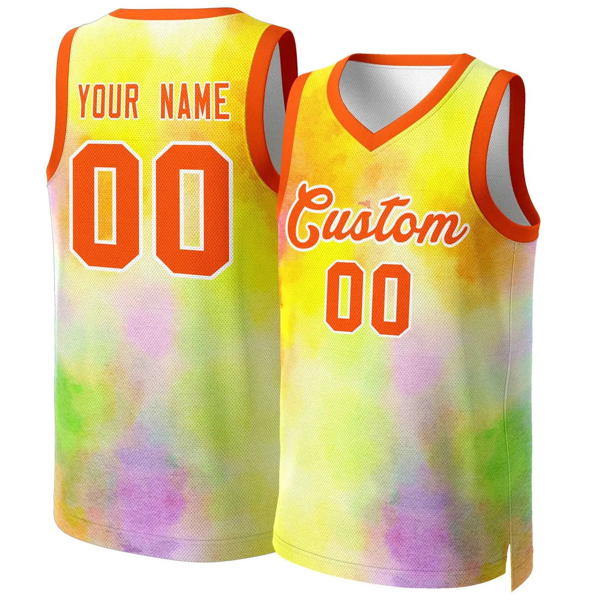 Yellow Orange-White Graffiti Pattern Mesh Basketball Jersey Tops