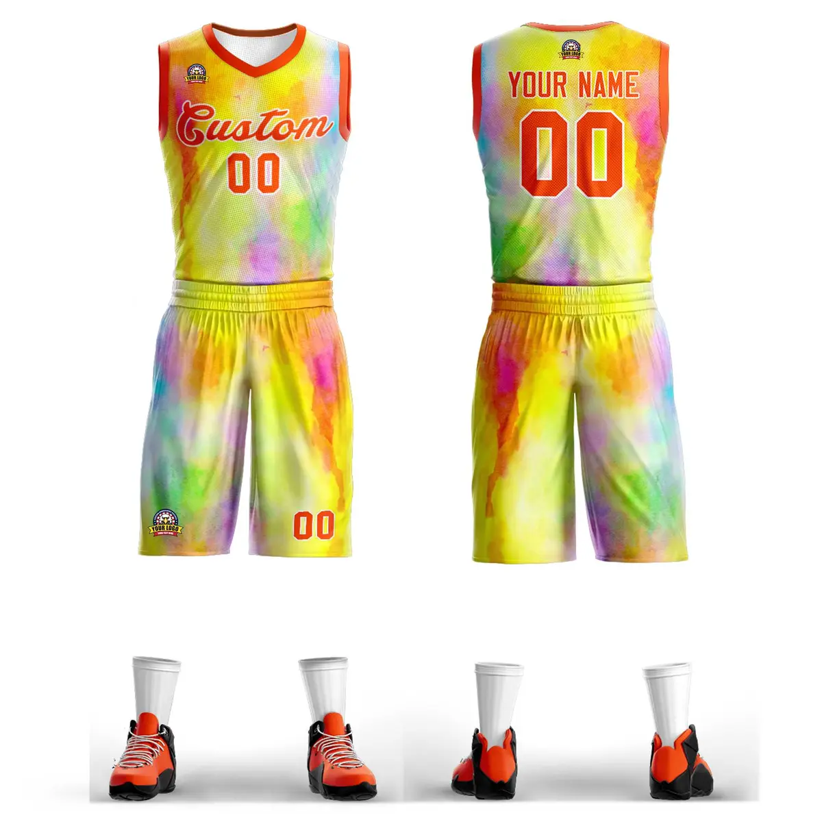 Yellow Orange-White Graffiti Pattern Mesh Basketball Jersey