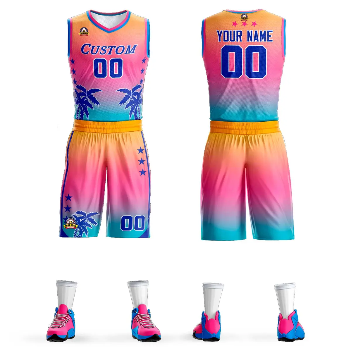 Yellow Pink-Blue Gradient Coconut Palm Pattern Basketball Jersey