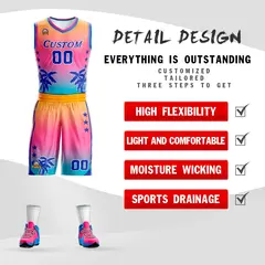 Yellow Pink-Blue Gradient Coconut Palm Pattern Basketball Jersey 2