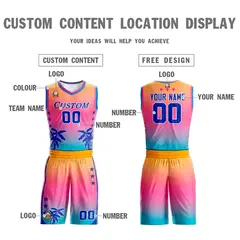 Yellow Pink-Blue Gradient Coconut Palm Pattern Basketball Jersey 3