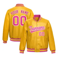 Yellow Pink Full-Snap Faux Leather Varsity Letterman Jacket