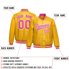 Yellow Pink Full-Snap Faux Leather Varsity Letterman Jacket 2