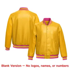 Yellow Pink Full-Snap Faux Leather Varsity Letterman Jacket 6
