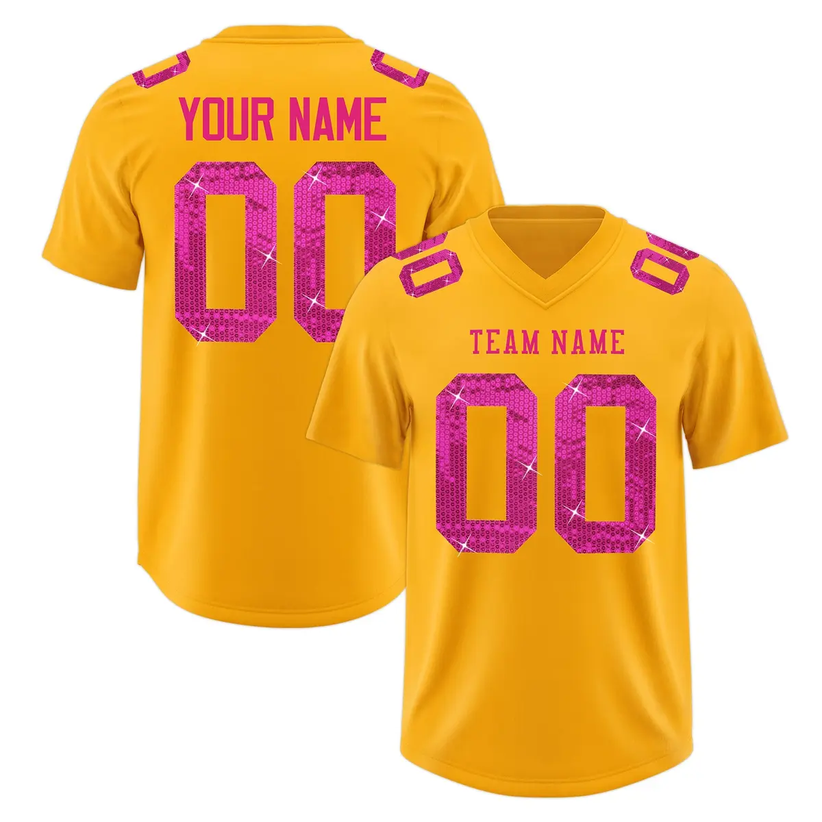 Yellow Pink Sequin Lettering Football Jersey