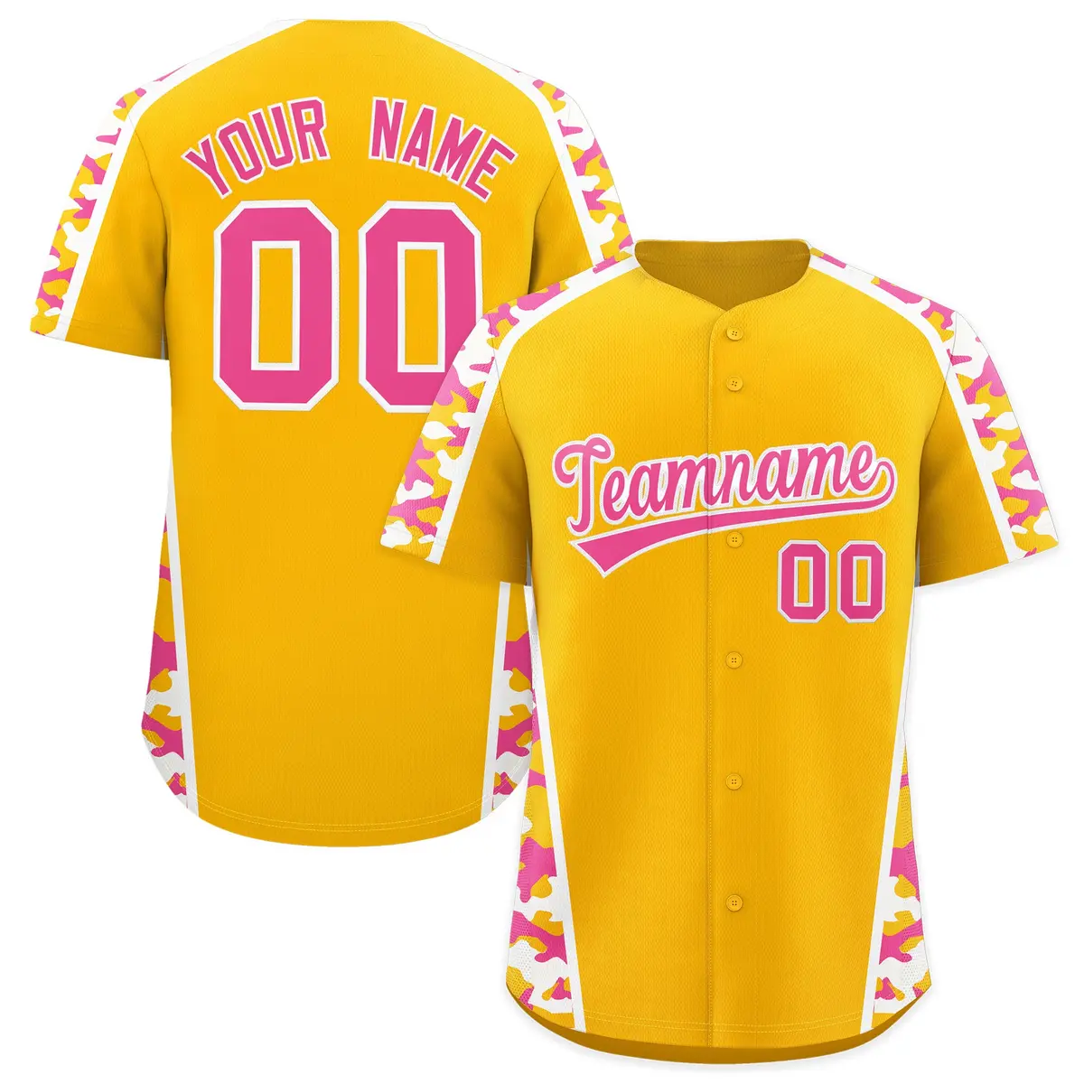Yellow Pink Side Camo Baseball Jersey