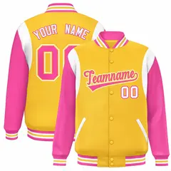 Yellow Pink-White Color Block Varsity Full-Snap Baseball Jacket