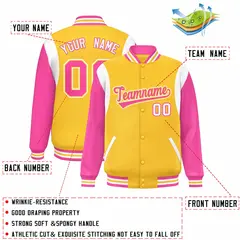Yellow Pink-White Color Block Varsity Full-Snap Baseball Jacket 2