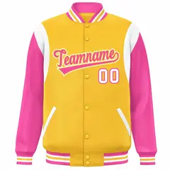Yellow Pink-White Color Block Varsity Full-Snap Baseball Jacket 3