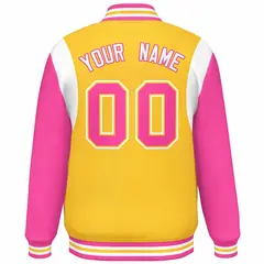 Yellow Pink-White Color Block Varsity Full-Snap Baseball Jacket 4