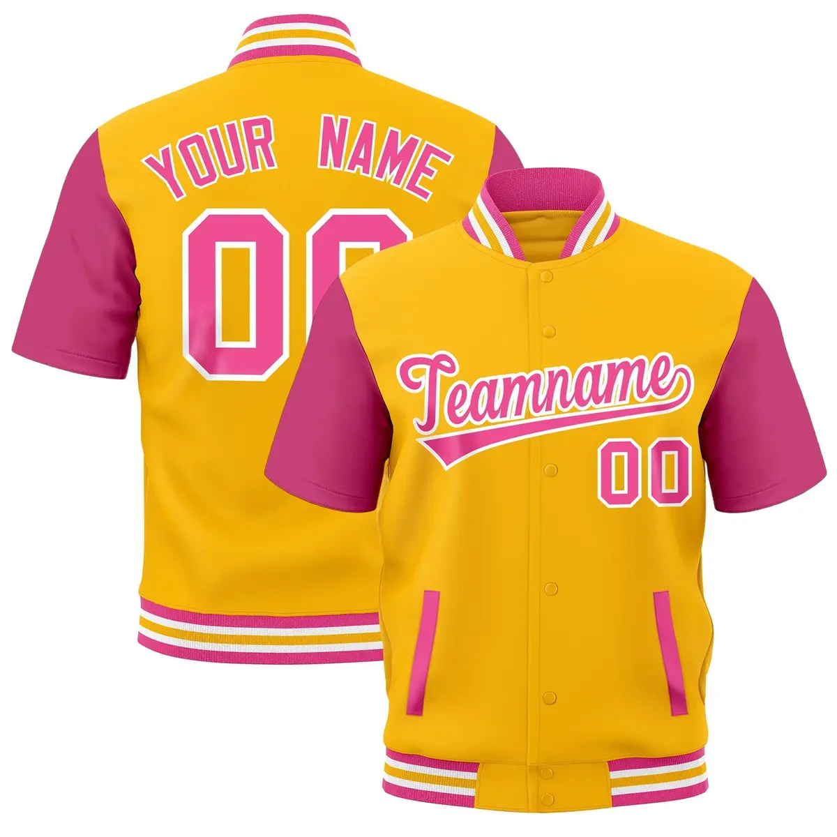 Yellow Pink White Gold Full-Snap Short Sleeve Varsity Jacket