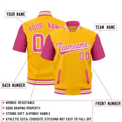 Yellow Pink White Gold Full-Snap Short Sleeve Varsity Jacket 2