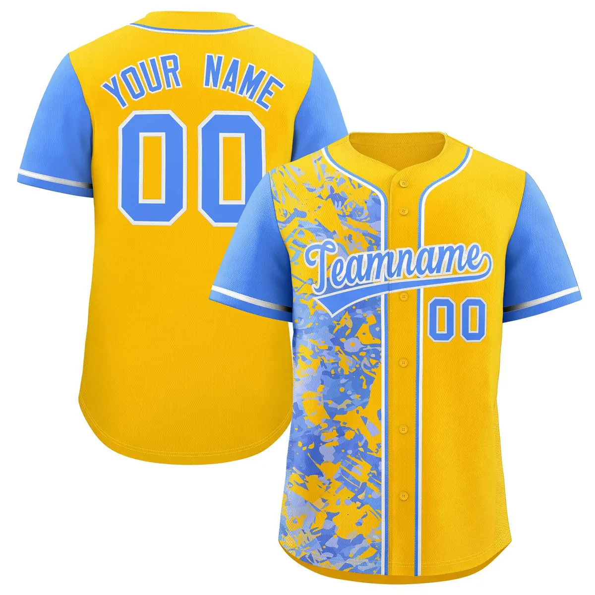 Yellow Powder Blue Graffiti Split Raglan Sleeve Baseball Jersey