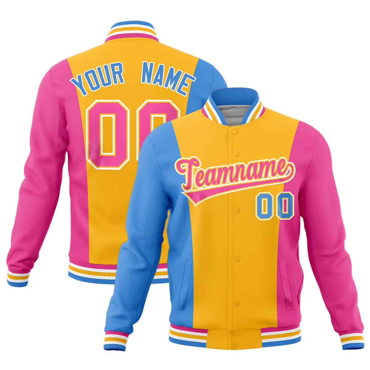 Yellow Powder Blue Pink Three-Color Block Varsity Letterman Jacket