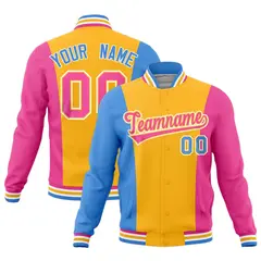Yellow Powder Blue Pink Three-Color Block Varsity Letterman Jacket