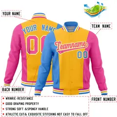 Yellow Powder Blue Pink Three-Color Block Varsity Letterman Jacket 2