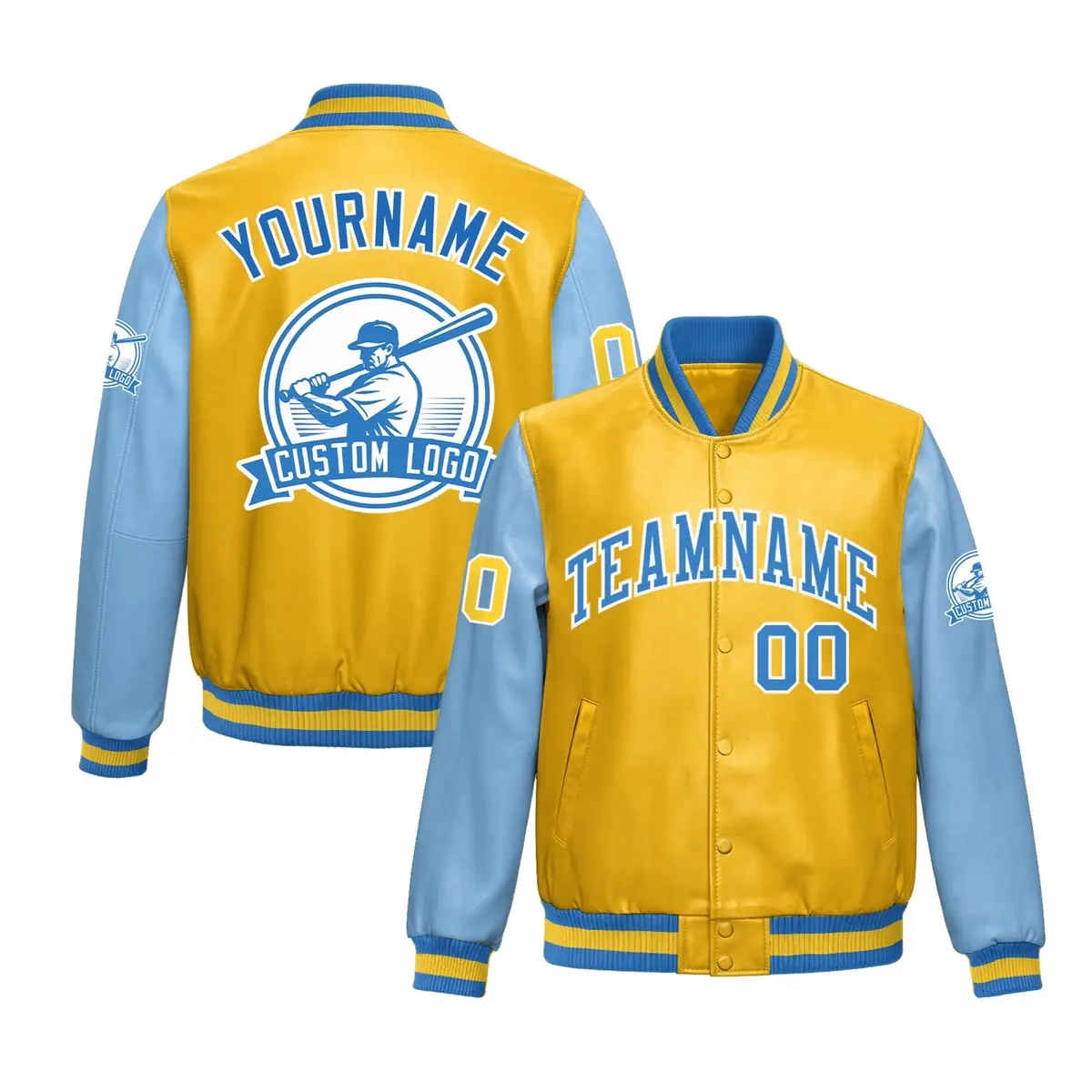 Yellow Powder Blue Raglan Full-Snap Faux Leather Letterman Jacket