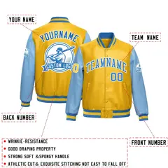 Yellow Powder Blue Raglan Full-Snap Faux Leather Letterman Jacket 2