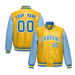 Yellow Powder Blue Raglan Full-Snap Varsity Faux Leather Letterman Jacket