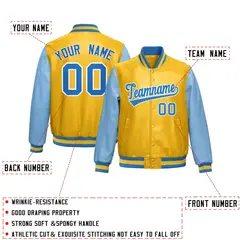 Yellow Powder Blue Raglan Full-Snap Varsity Faux Leather Letterman Jacket 2