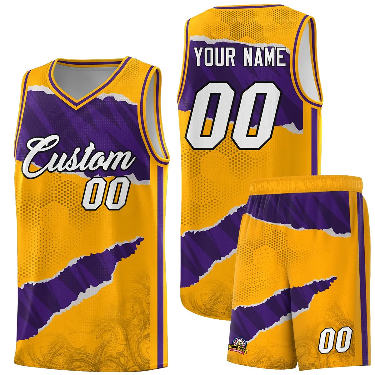 Yellow Purple-Black Tear Graffiti Basketball Jersey